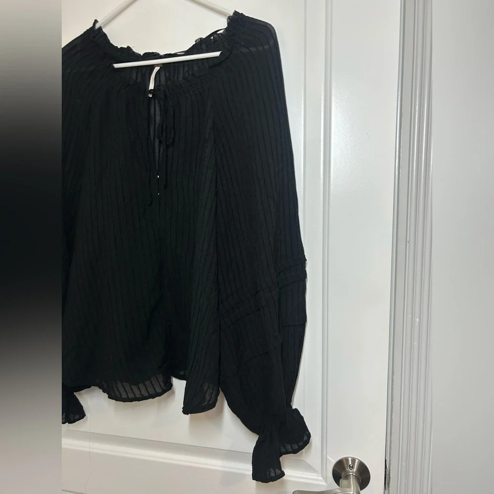 Free People Out Of Town Top Off the Shoulder Smocked Puff Sleeves Sheer Boho S